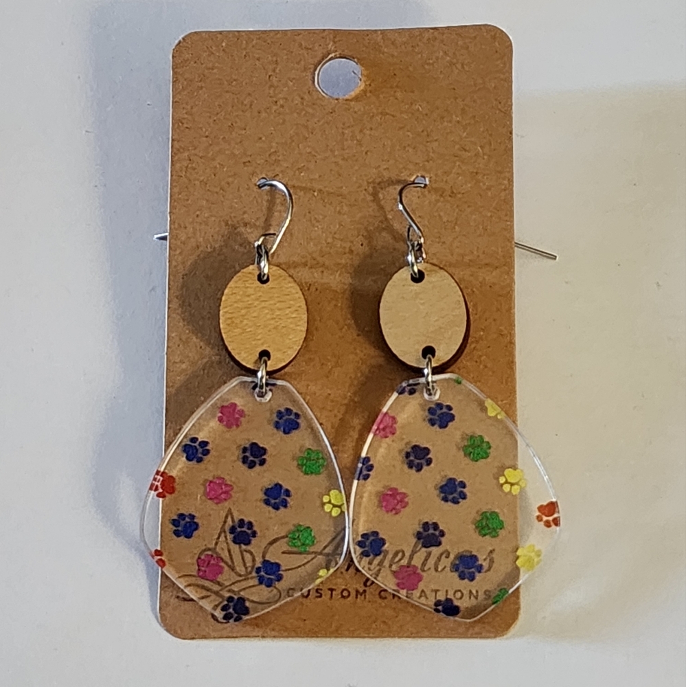 Pet Paw Print Wood/Acrylic Drop Earrings